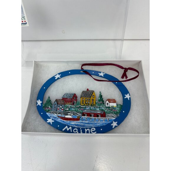 Maine Christmas Cut Metal Ornament Village Scene Handpainted Made In USA - Picture 5 of 5